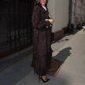 Detailed texture of dark brown long suede trench coat with buckled waist belt and lapels - S / Brown