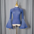 Close-up of royal blue ribbed knit sweater with elegant flared sleeves and high neck - S / Blue