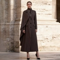 Detailed close-up of dark brown long trench coat with unique shawl collar design - S / Brown