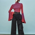 Slim-fit ribbed knit top with striped pattern and dramatic oversized bell sleeves - S / Red