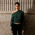 Detail of dark green off-shoulder knit sweater with ribbed cuffs and refined texture - S / Green