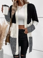 Gilet long femme en maille torsadée tricolore noir blanc et gris style décontracté chic - S / Patchwork Noir Blanc Gris