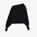 Short black off-shoulder knit sweater with ribbed cuffs and silver metal detail - S / Black
