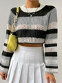 Chic three-color striped knit crop top sweater with a crew neck and hollow-out crochet texture - S / Mixed Colors