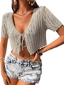 Cardigan in maglia traforata a maniche corte con chiusura a lacci e taglio corto estivo - S / Albicocca
