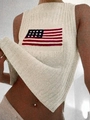Damen Strickweste mit amerikanischer Flagge in Cremeweiß mit Halter-Ausschnitt - S / Gebrochenes Weiß