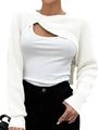 Close-up of white knit shrug with wrap-around crossover design and ribbed long sleeves - White