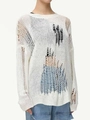Jersey de punto calado de manga larga blanco con textura de malla desgastada para mujer - S / Blanco
