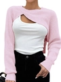Detail of pink cropped knit shrug featuring long sleeves and a stylish crisscross neckline - Pink