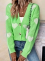 Detail of bright green knit cardigan with white heart patterns and ribbed cuffs - S / Grass Green