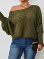 Jersey de punto calado verde oscuro para mujer con hombros descubiertos y ondas - S / verde oliva