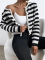 Women's chic black and white striped knit cardigan with elegant gold trim buttons - S / Black and White Mixed