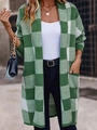 Women's long green and white checkerboard knit cardigan with side pockets for autumn - S / Green