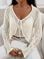 Elegant cream open knit cardigan with front tie closure and long sleeves for women - S / Apricot