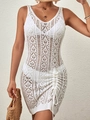 Abito da spiaggia in maglia all'uncinetto bianca con scollo a V e coulisse laterale - S / Bianco