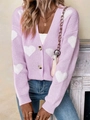 Close-up of lavender knit cardigan showing white heart patterns and brown button detail - S / Light Purple