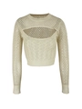 Women's cream-white knit long sleeve crop top with cable knit texture and mesh cutout - S / Apricot