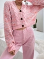 Pink chunky knit cropped cardigan sweater for women with button detail and sequin accents - L / Pink