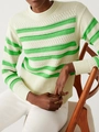 Women's striped crewneck cable knit sweater in cream and neon green for autumn - XL / Green