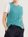 Chaleco de punto calado azul lago para mujer con cuello redondo y diseño de rombos tejido - S / Verde azulado