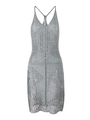 Detail of grey crochet knit dress showing intricate hollow-out circular patterns - S / Gray
