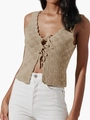 Khaki waffle knit sleeveless cardigan vest with tie-front and wavy edges for women - S / Khaki