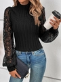 Elegante maglia nera a collo alto con maniche lunghe in pizzo all'uncinetto da donna - S / Nero