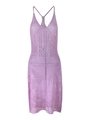 Detail of light purple crochet knit dress featuring geometric hollow patterns and V-neckline - S / Violet