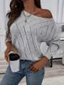 Women's grey knit sweater with asymmetric neckline and geometric hollow crochet texture - M / Gray
