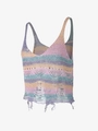 Details des bunten Häkel-Strandtops mit Regenbogenstreifen und ausgefransten Fransen - S / Pfauengrün