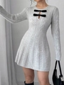 Slim fit light grey cable knit mini dress with hollow neckline and black bow details - S / Gray