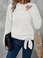 Detail of white knit sweater featuring vertical ribbing and side bow-knot ribbon decor - White