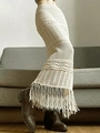 Damen Häkelrock im Boho-Stil mit Lochmuster und Fransen am Saum in Beige - S / Gebrochenes Weiß