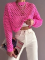 Hot pink crochet long sleeve knit sweater for women with hollow out summer beach style - S / Bright Pink