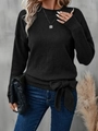 Detail of black rib-knit sweater featuring a large decorative bow on the side hemline - Black