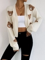 Knitted cardigan with brown teddy bear patches in cream white and loose-fit style - S / Off White