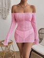 Mini abito rosa all'uncinetto con spalle scoperte, maniche lunghe e dettagli traforati - S / Rosa