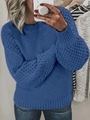 Detail shot of blue chunky cable knit sweater featuring round neck and balloon sleeves - Grey Blue