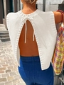 Detailed back view of white knit halter top showing open back design and tie-up closure - S / White