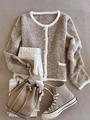 Cárdigan de punto marrón con ribetes en contraste y botones, estilo cuello redondo - S / Gris & Beige