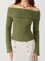 Jersey de punto acanalado verde oliva para mujer con hombros descubiertos y corte entallado - S / verde oliva