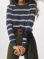 Women's classic navy and white striped crewneck knit sweater in a stylish casual look - S / Navy Blue