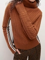 Jersey marrón de cuello alto para mujer con diseño de trenzas y rayas en las mangas - S / café
