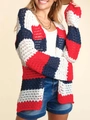 Elegant hollow knit cardigan sweater with red, white, and blue striped colorblock design - XL / Mixed Colors