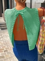 Close-up of the textured green knit tank top featuring a stylish open back with bow tie - Mint Green