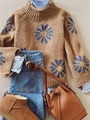 Flat lay of brown knit floral sweater with striped shirt, jeans and bucket bag set - S / Khaki