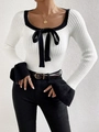 Slim white square neck sweater for women with black contrast bow and flared cuffs - S / White
