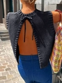 Detailed back view of a black knitted tank top featuring a backless design and a tie knot - S / Navy Blue