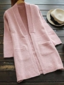 Women's pink long-knit cardigan sweater featuring ribbed cuffs and dual front pockets - S / Pink