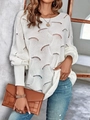 Women's white crewneck knit sweater with hollow out wave pattern and oversized fit - S / White
